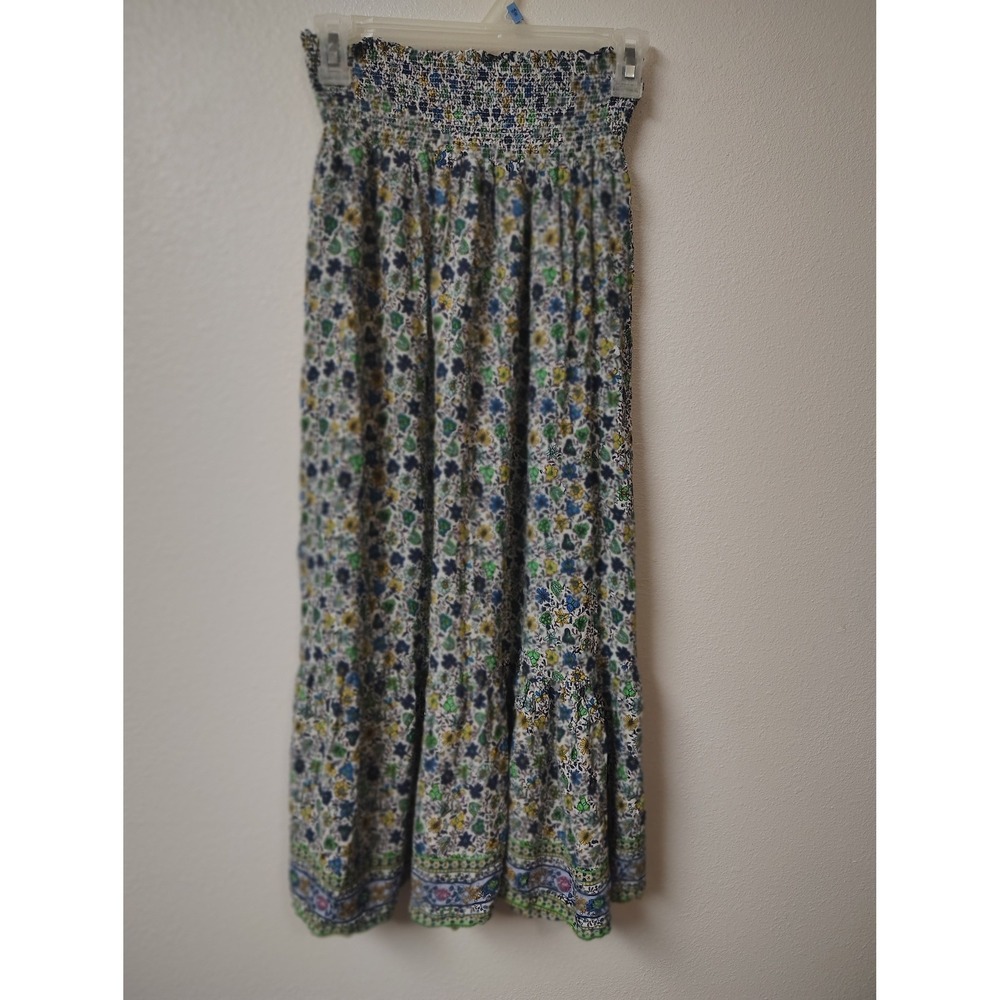 Ava Christine Floral Smocked Maxi Skirt Blue Yellow Green Boho Tiered Small NWT